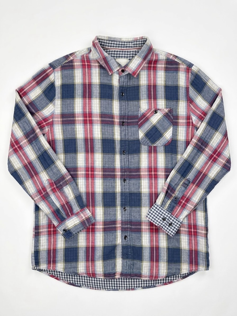 Men's 100% Cotton Plaid Button-Down Shirt with Reversible Color Sleeve